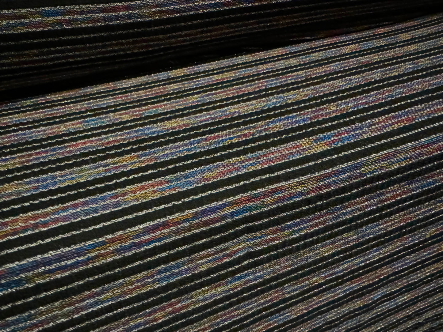 Super Stretch Metallic Spandex rib jersey fabric, per metre - black with rainbow stripe & silver lurex
