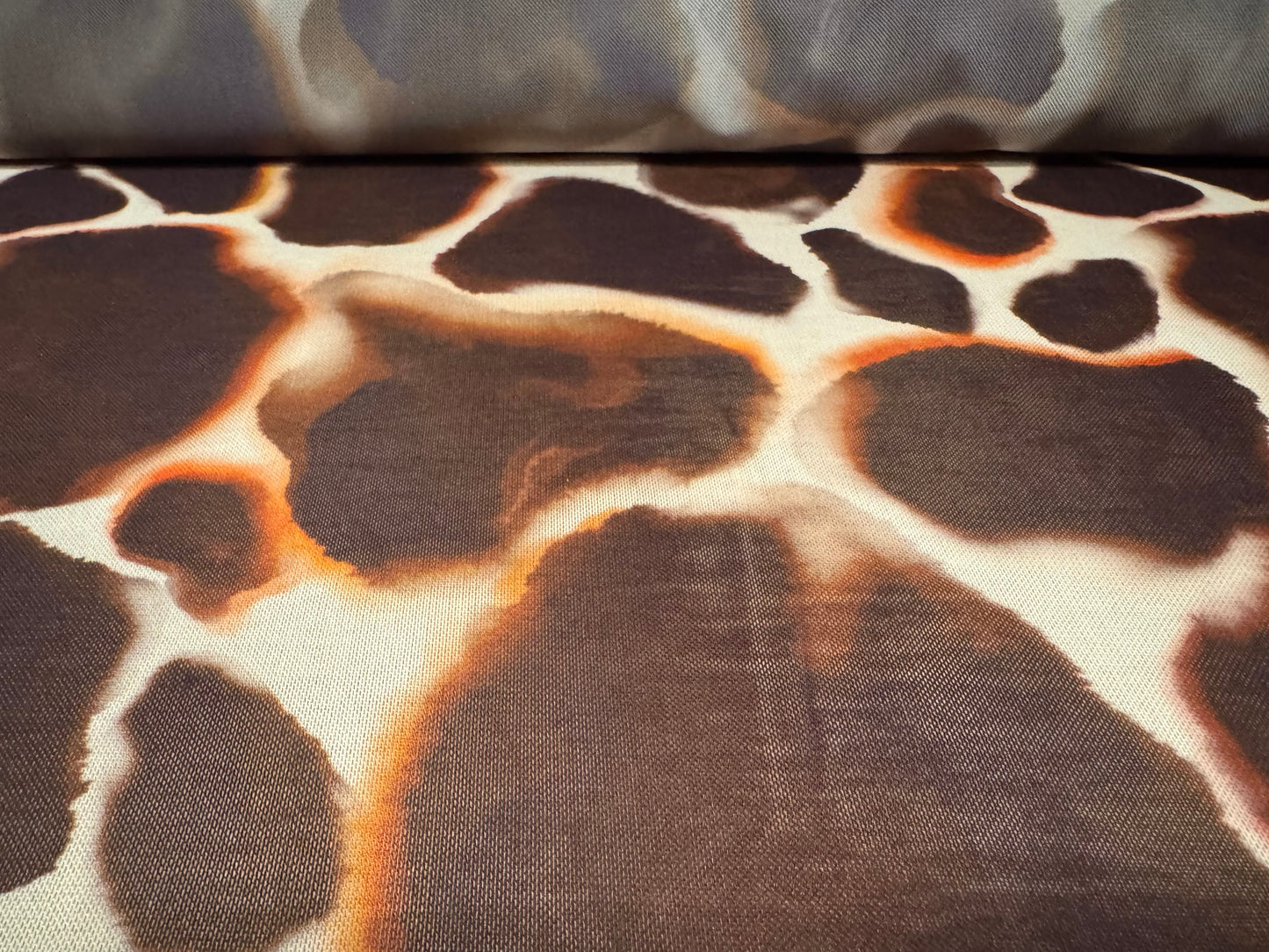 Power mesh net stretch spandex fabric, per metre - giraffe print - brown & cream