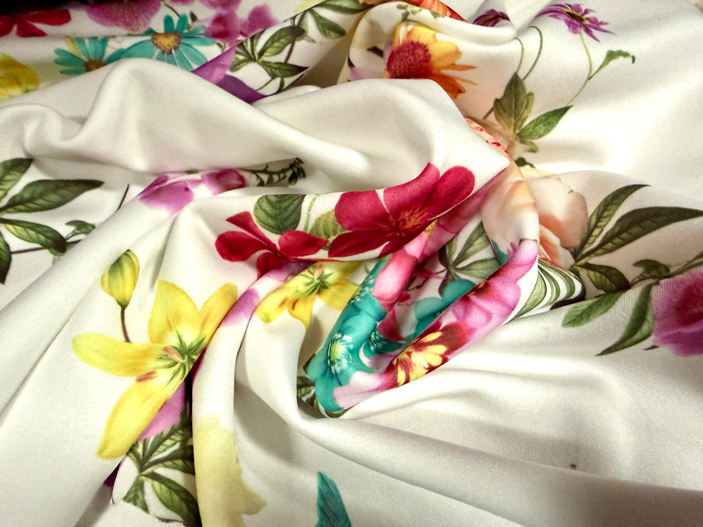 Scuba stretch spandex double jersey fabric, per metre - foxglove floral print - ivory & pink