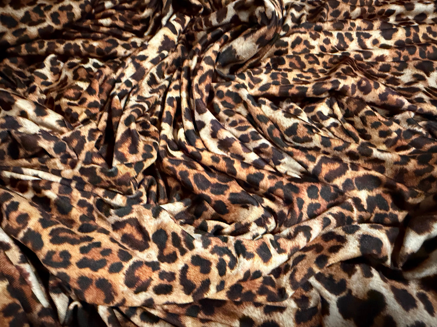 Soft touch stretch spandex single jersey fabric, per metre - leopard print - brown gold & cream