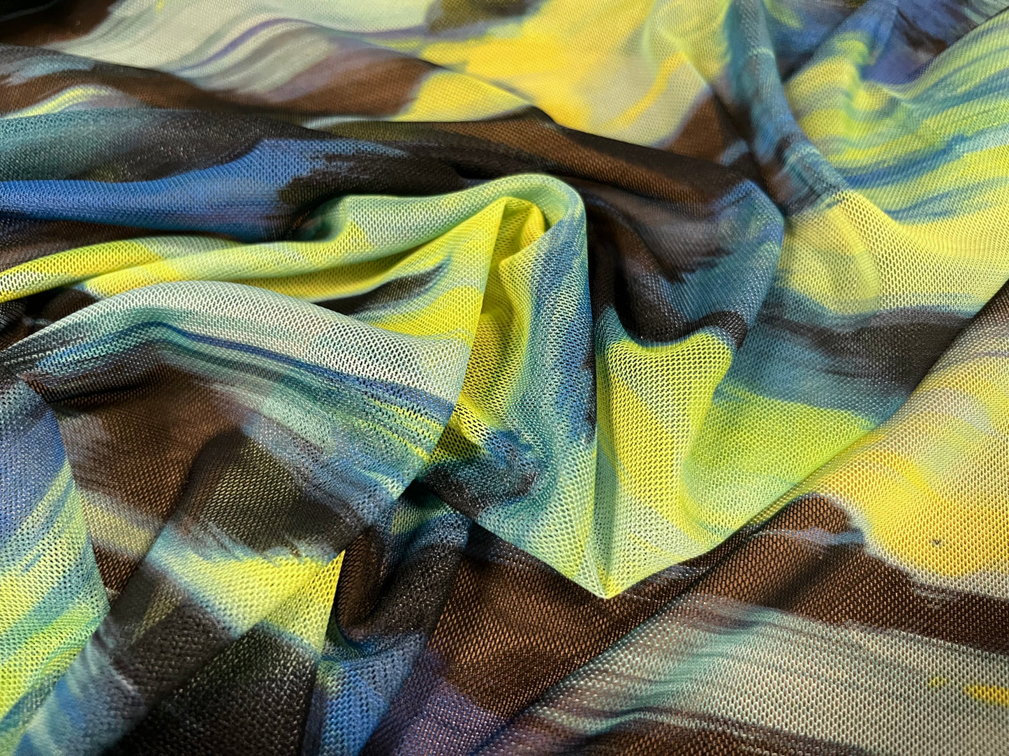 Power mesh net sheer stretch spandex fabric, per metre - paint smudge print - lime green, blue & black
