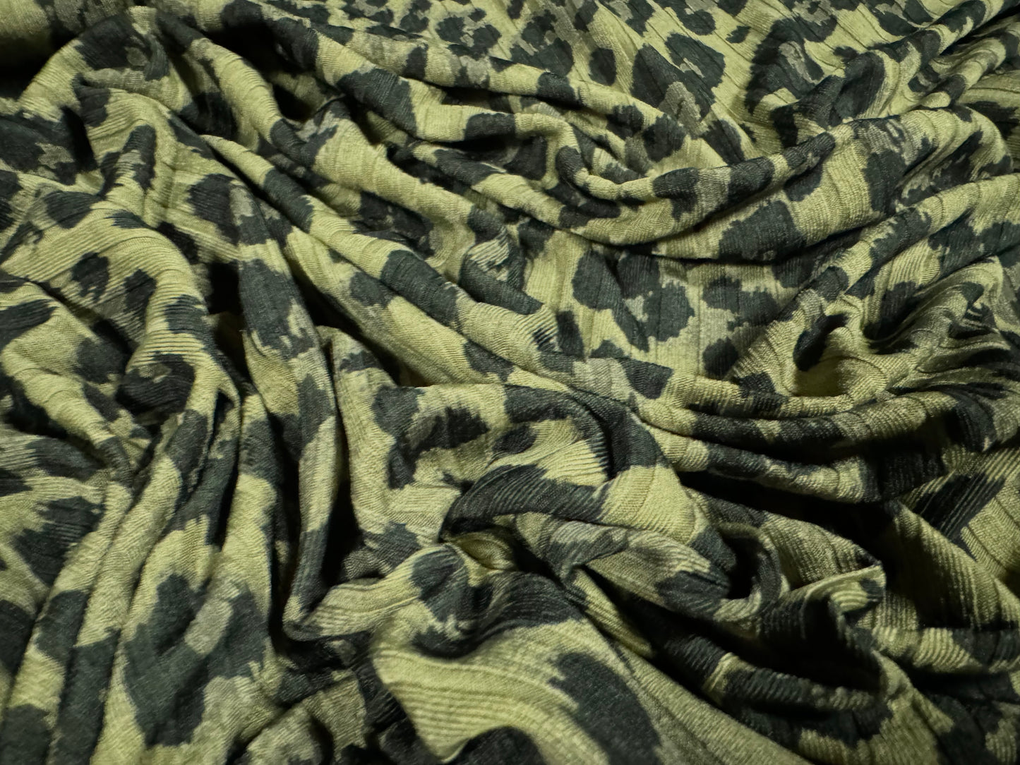 Stretch spandex rib jersey fabric, per metre - leopard animal print - khaki green