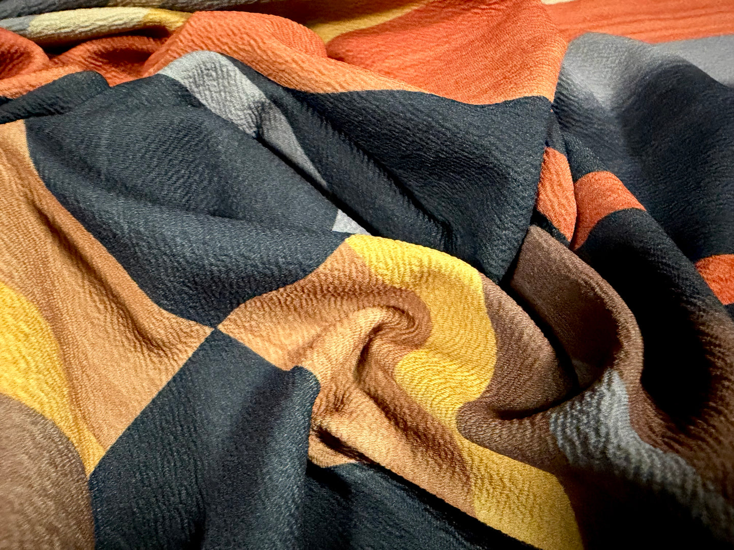 ‘Liverpool’ textured scuba stretch spandex jersey fabric, per metre - Mondrian geometric print - terracotta mustard & tan