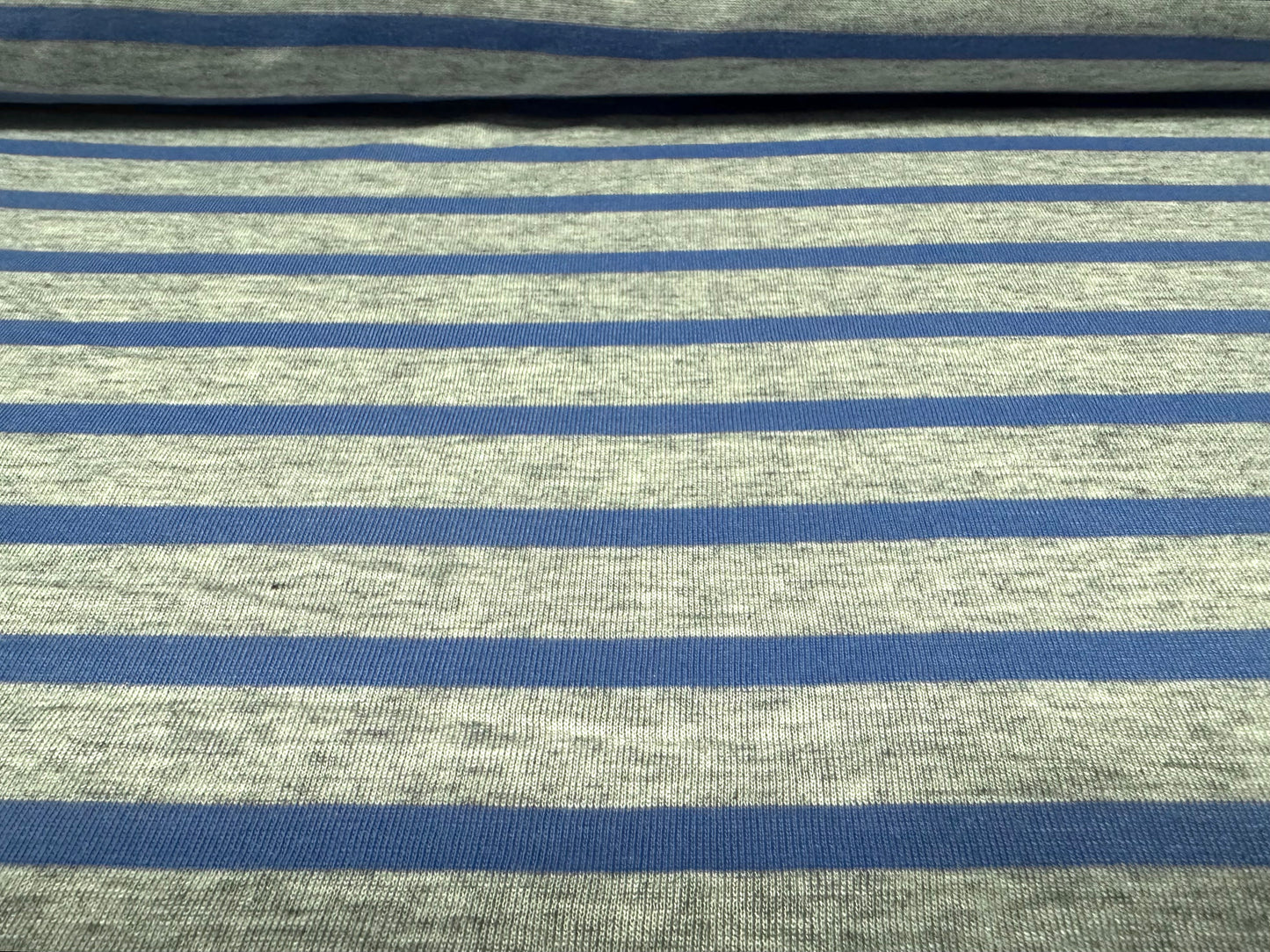 Stretch viscose blend single jersey fabric, per metre - stripe - grey marl & hyacinth blue