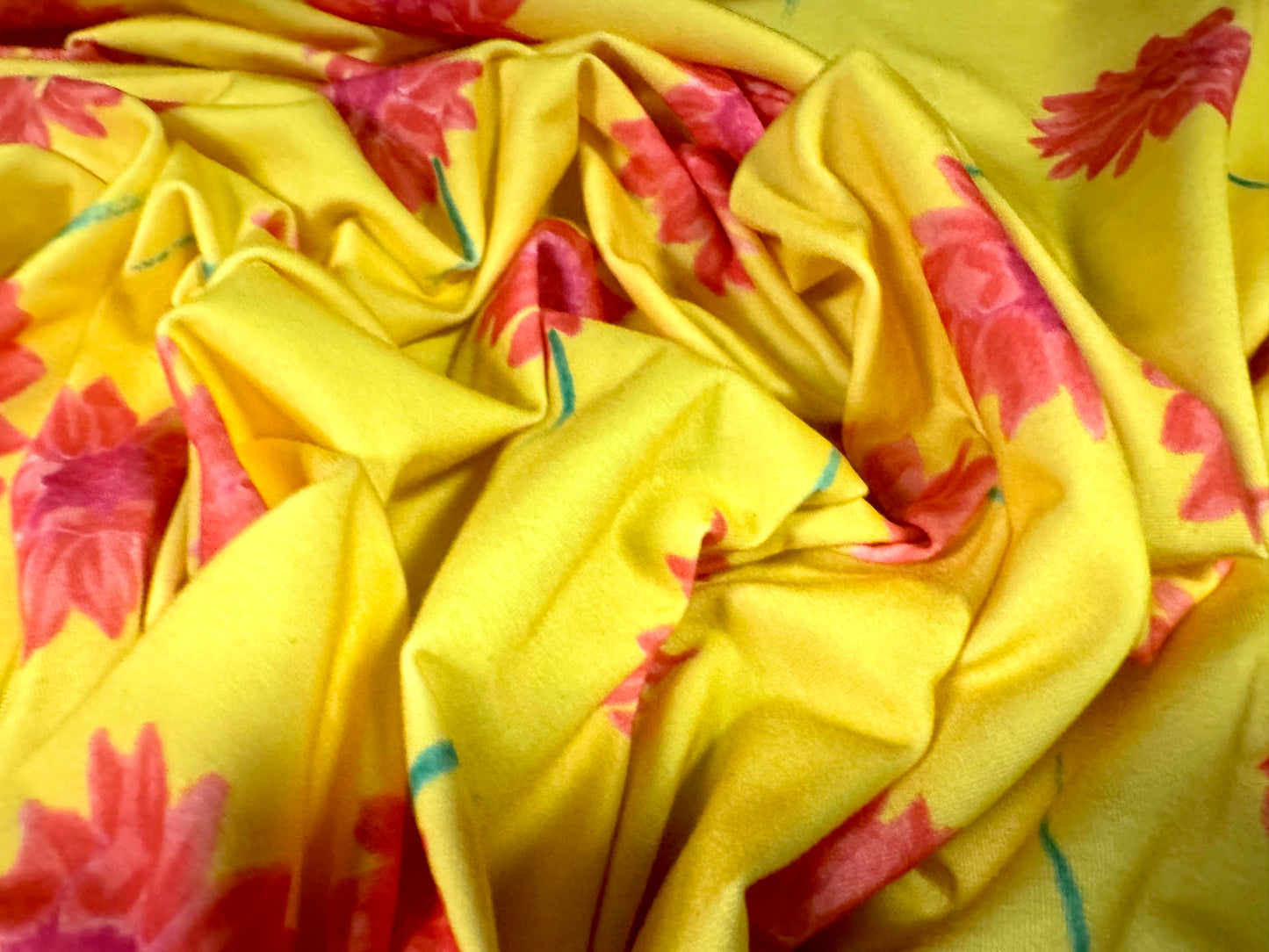 Stretch spandex interlock jersey fabric, per metre - floral print - bright yellow & pink