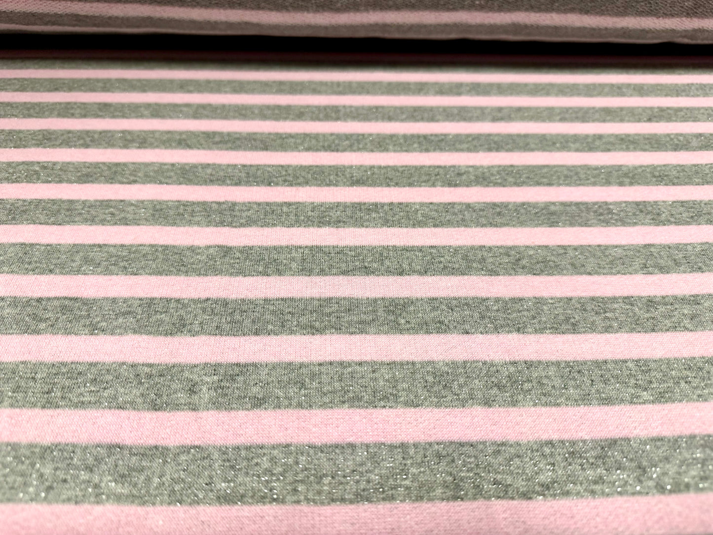 Metallic French Terry loopback sweatshirt fabric, per metre - stripe - pink & grey with silver lurex