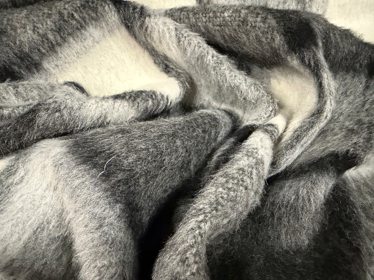 Wool faux fur fabric, per metre - plaid check - grey