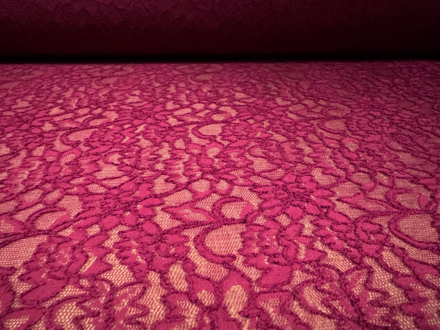 Stretch lace dress fabric, per metre - scalloped selvedge - flower design - Ruby