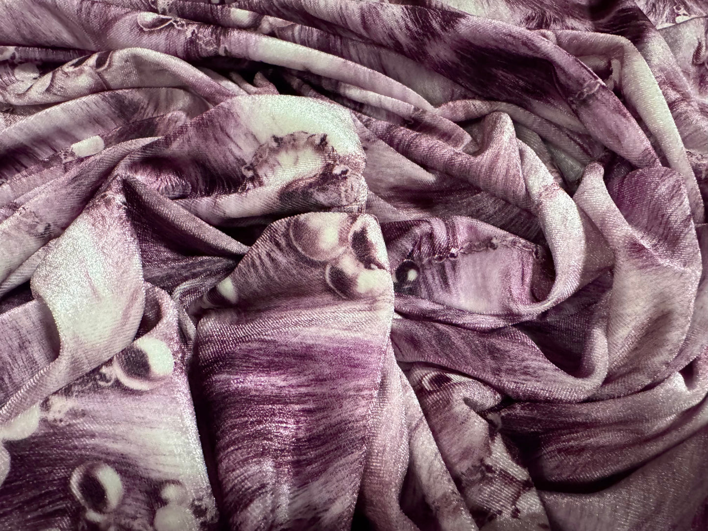 Spandex velvet stretch dress fabric, per metre - pearls on fur print - purple