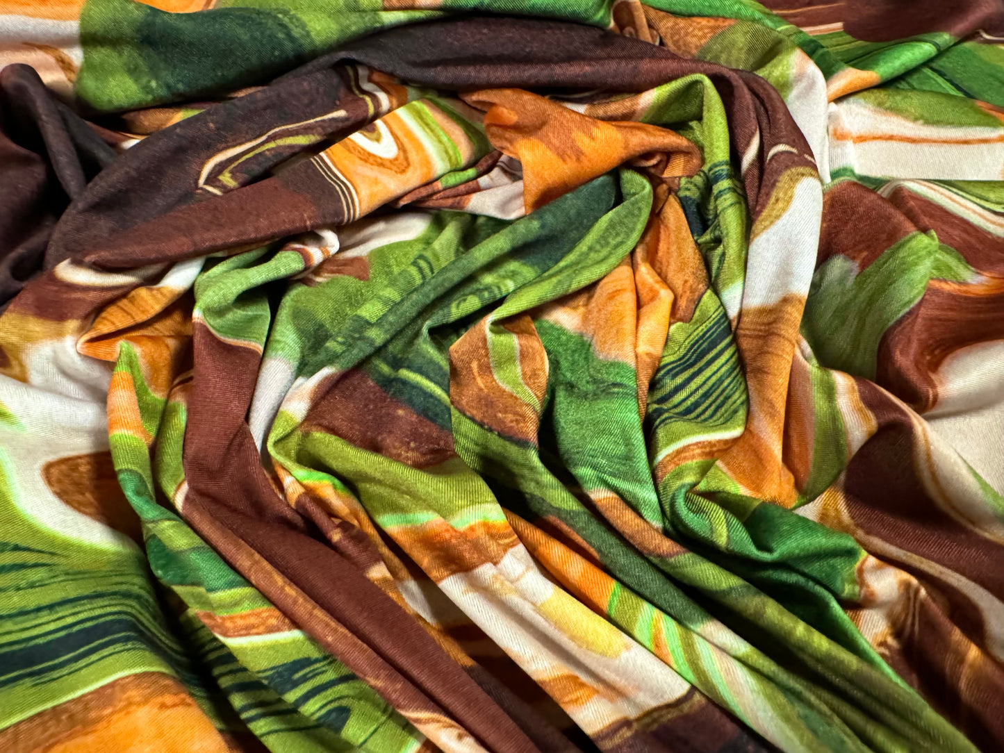Soft touch stretch spandex single jersey fabric, per metre - abstract print - jungle green & brown