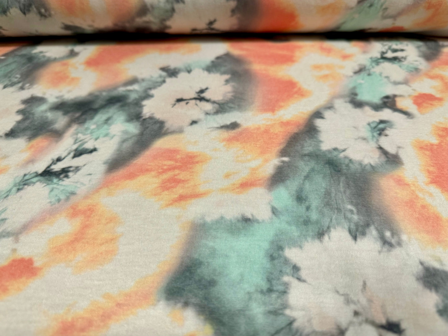 Soft handle stretch single jersey fabric, per metre - tie dye floral print - aqua & peach