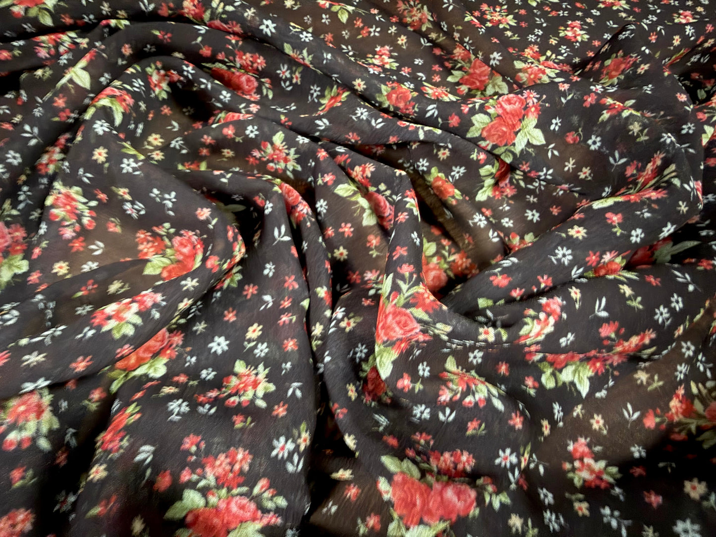 Chiffon yoryu lightweight dress fabric, per metre - ditsy floral print - black red & green