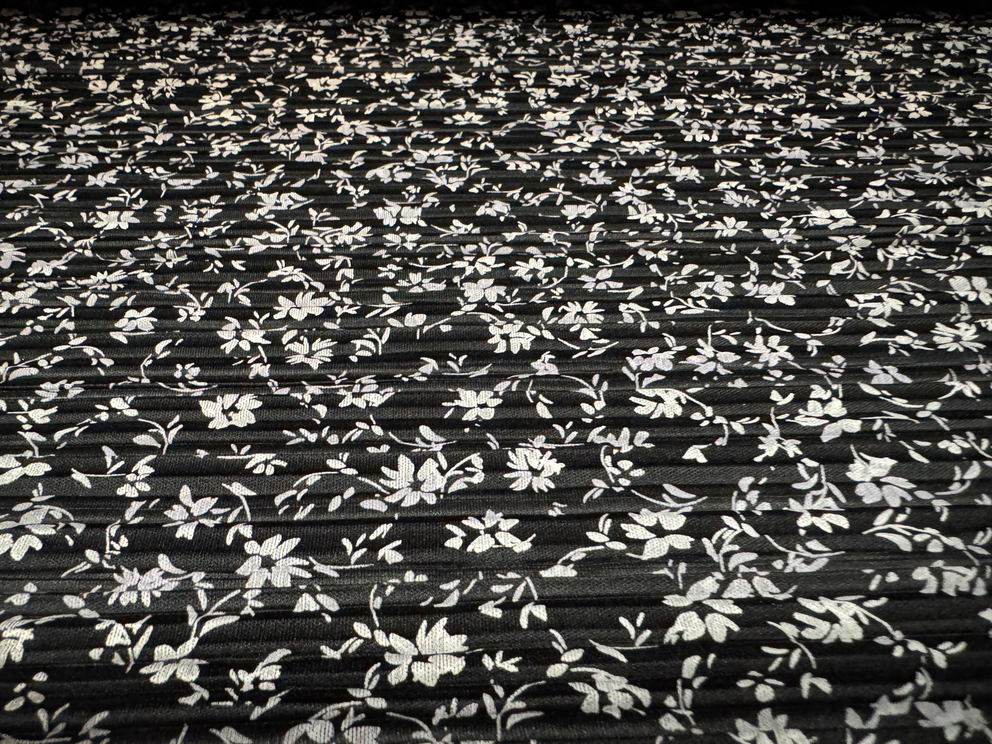 Plissé pleated satin dress fabric, per metre - ditsy flower print - black & white