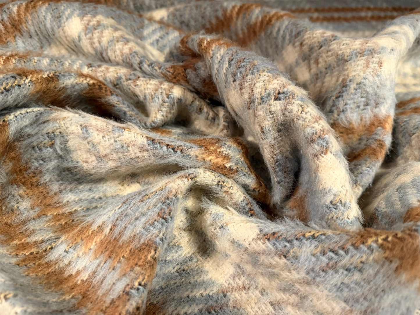 Brushed wool bouclé fabric, per metre - plaid - cream brown & grey