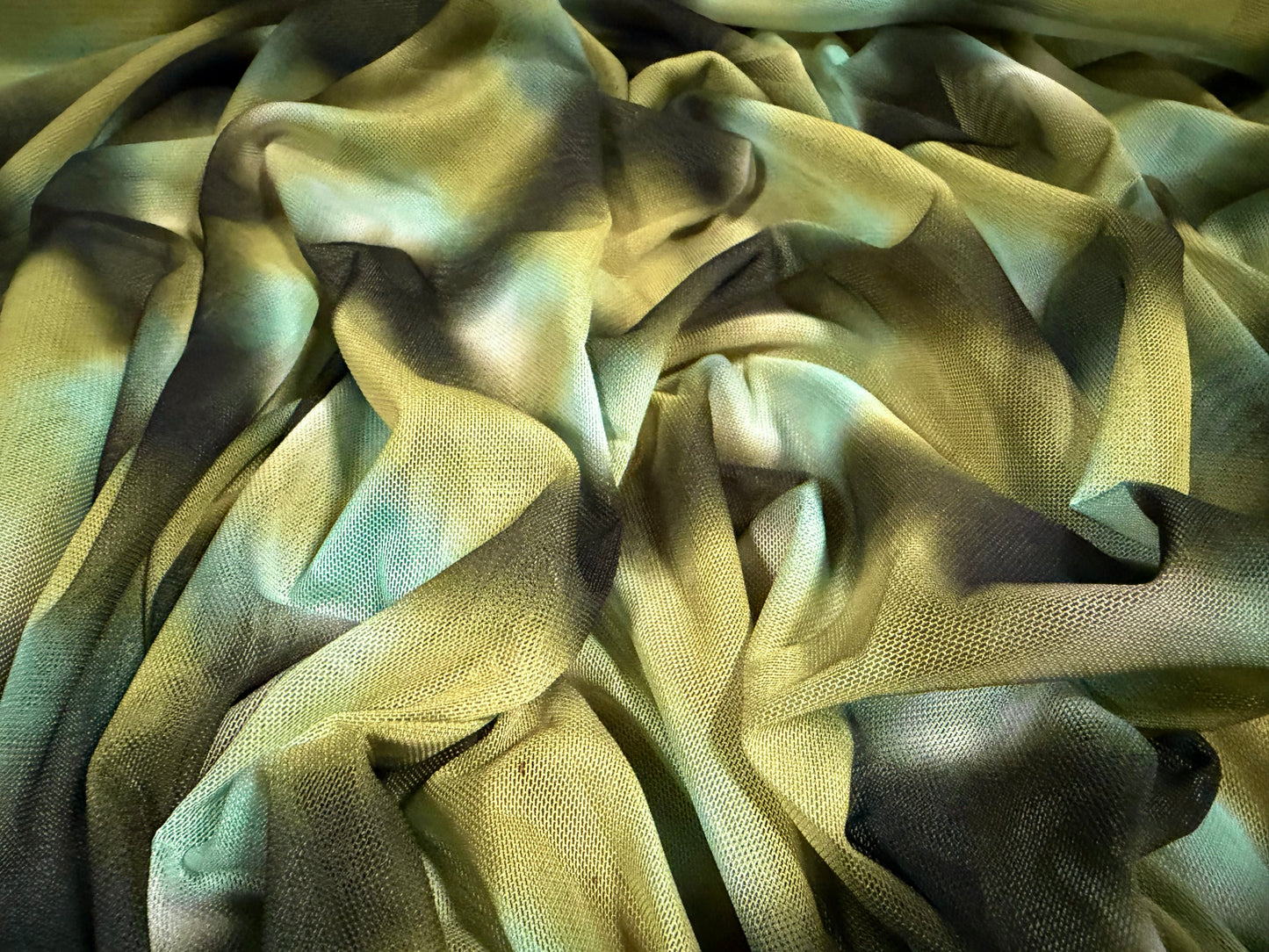 Power mesh net stretch spandex fabric, per metre - Argyle Smudge print - turquoise & mustard