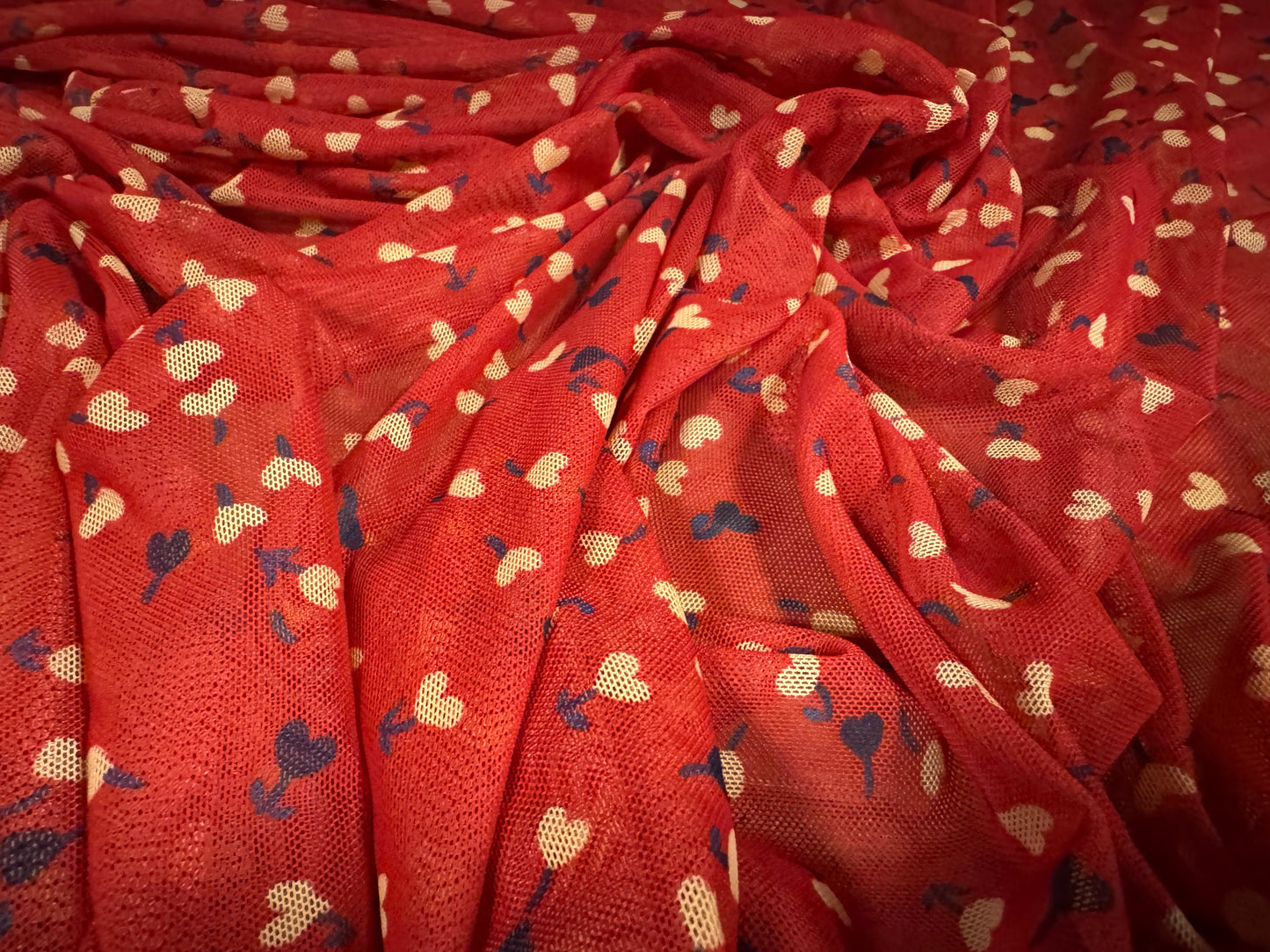 Power mesh net stretch spandex fabric, per metre - love heart flowers print - red