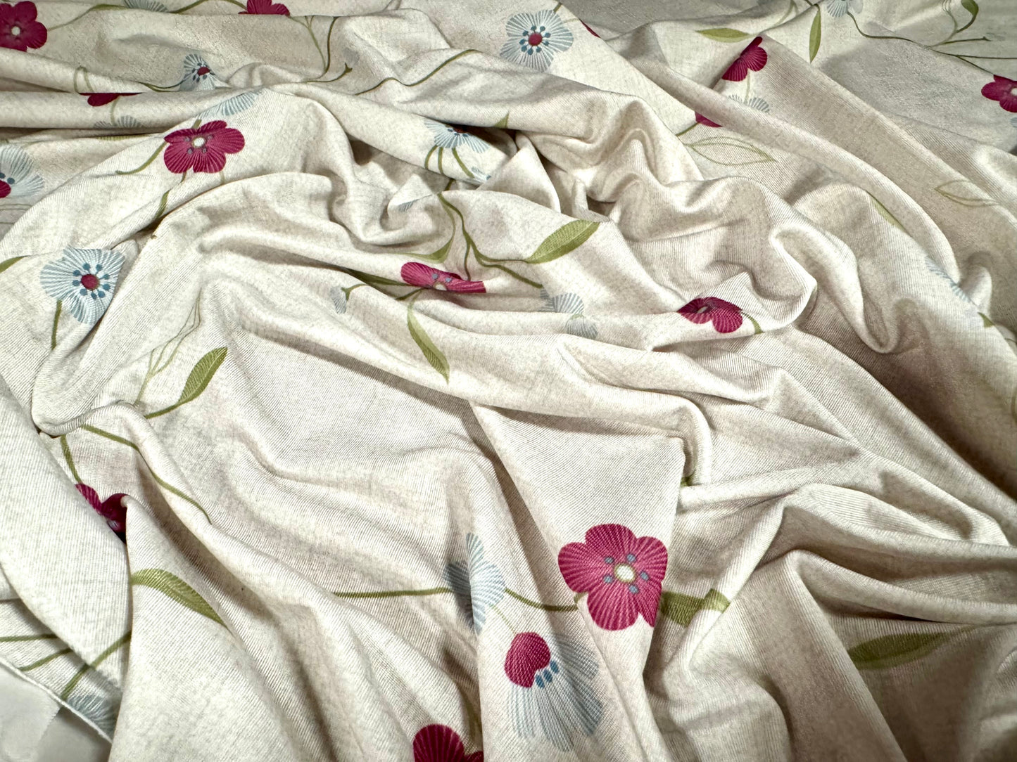 Soft touch stretch spandex single jersey fabric, per metre - flower print - parchment