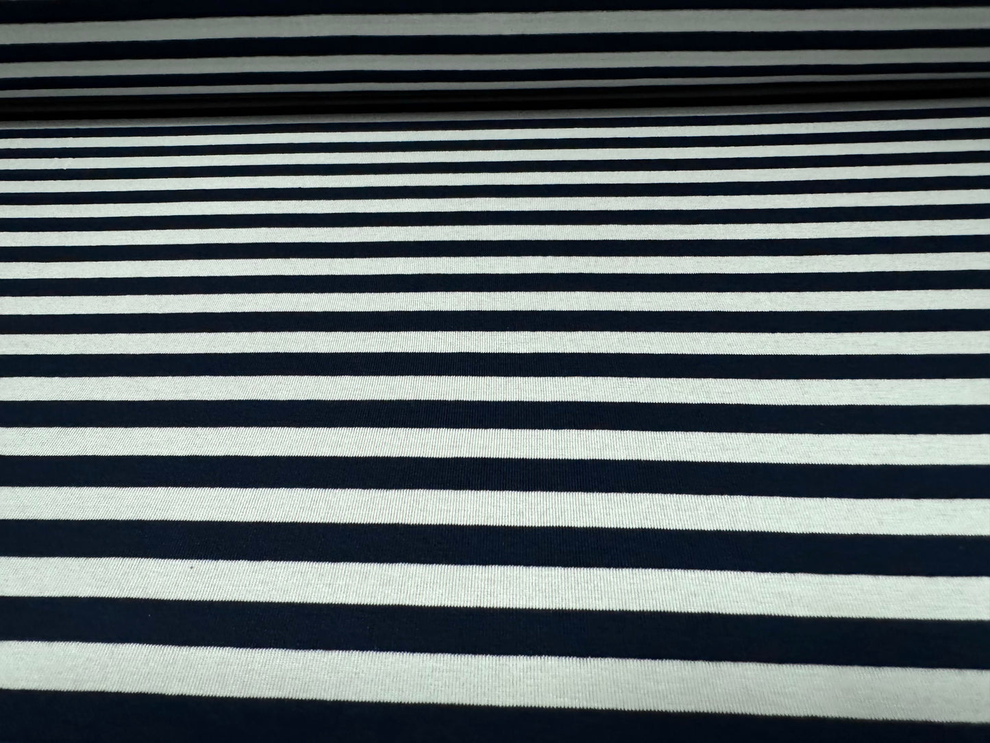 Viscose spandex stretch single jersey fabric, per metre - stripe - navy blue & ivory