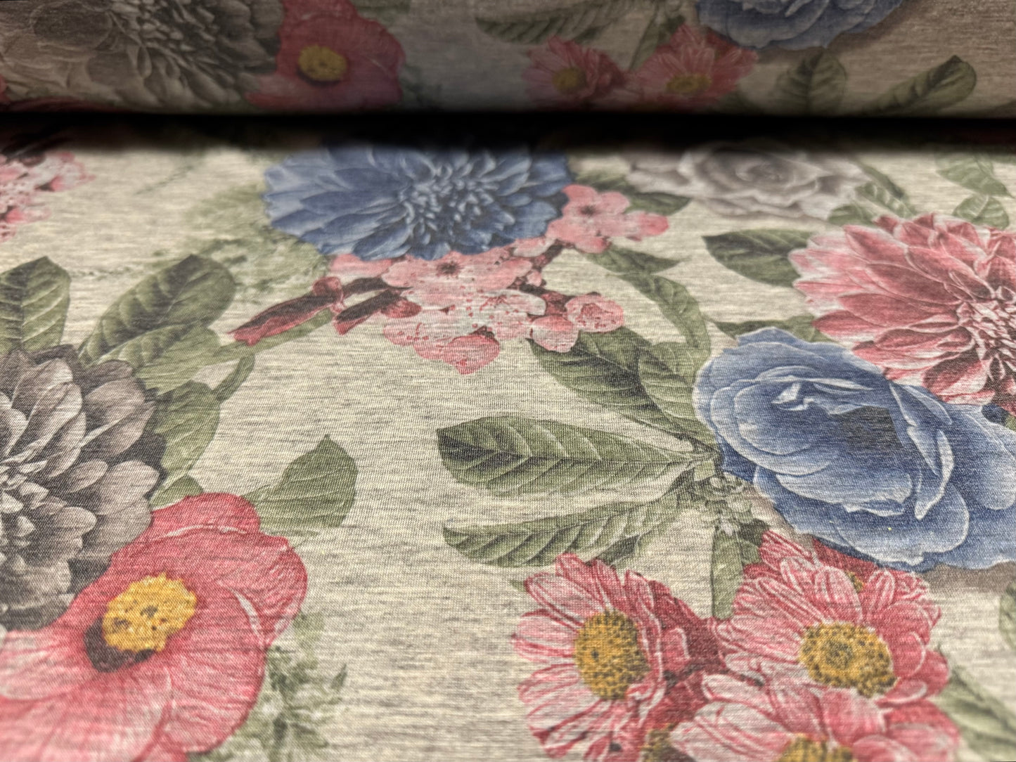 Stretch spandex melange jersey fabric, per metre - rose & dahlia flower print - blue pink & grey