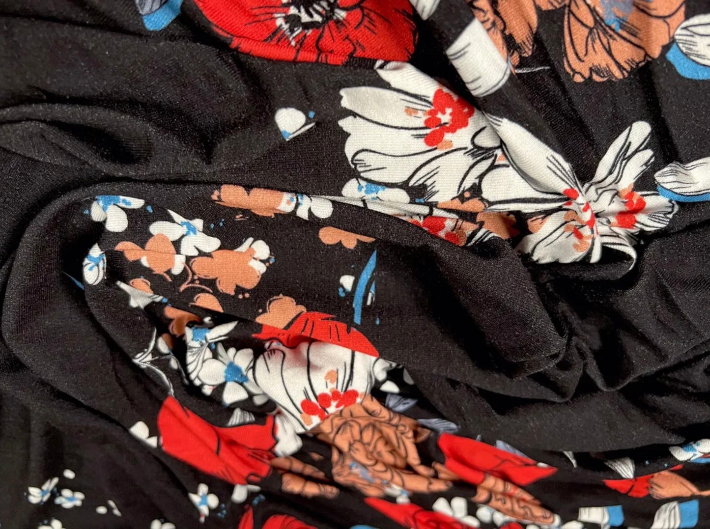 Soft handle single jersey fabric, per metre - floral panels print - black & red
