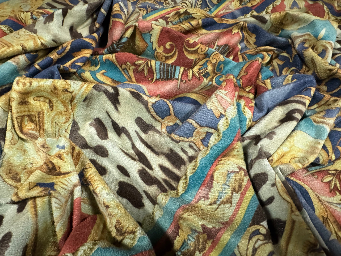 Faux suede stretch spandex jersey fabric, per metre - leopardskin & gold chains print - multicolour