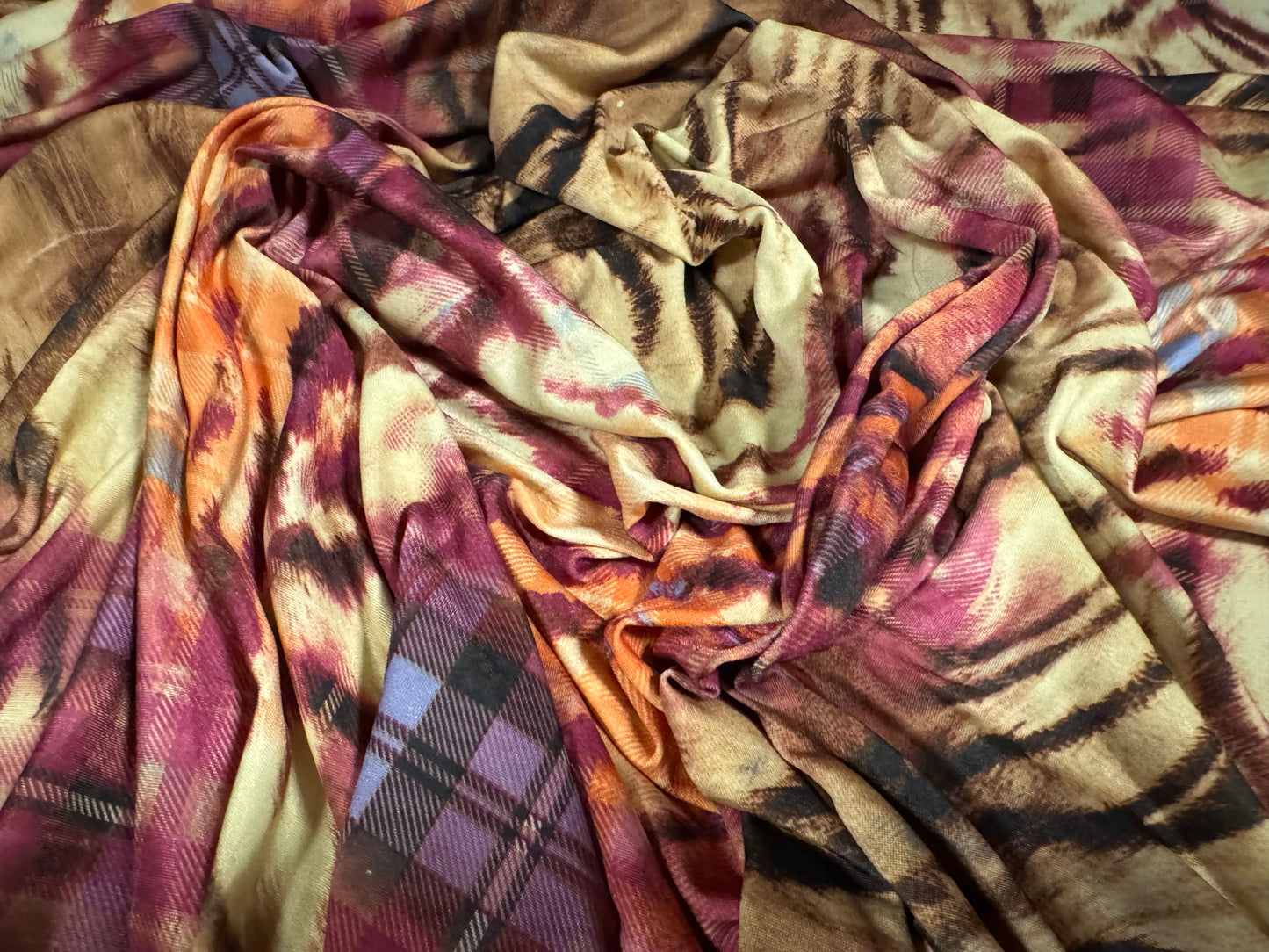 Soft touch stretch spandex single jersey fabric, per metre - tiger tartan print - magenta orange & wheat