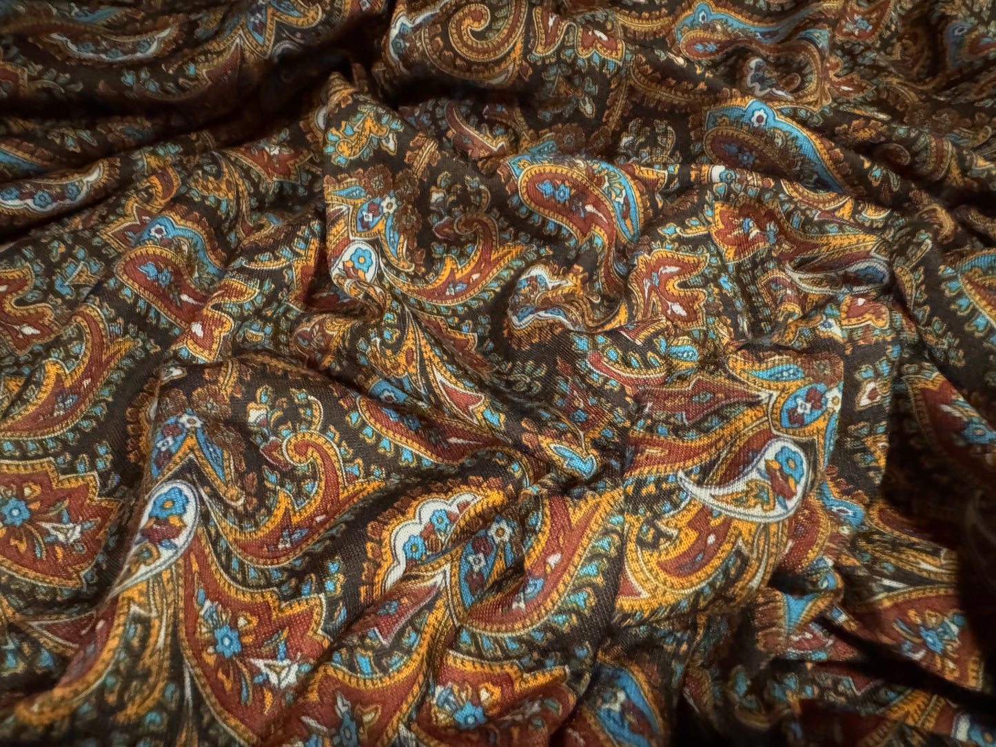 Soft handle single jersey fabric, per metre - paisley print - brown & blue