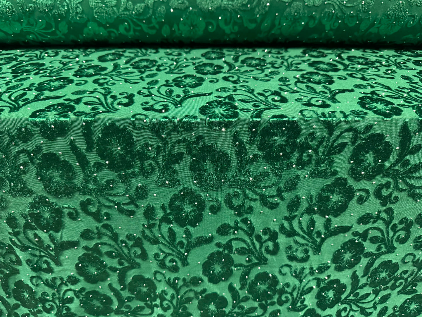 Devoré velour fabric with diamanté sparkle, per metre - floral - green