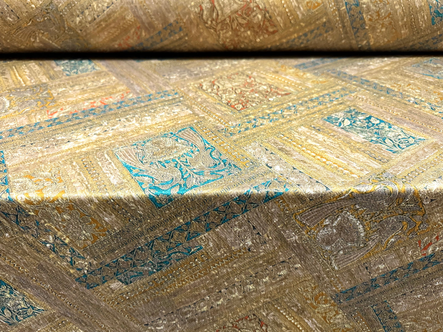 Single jersey fashion fabric, per metre - floral squares print - gold & turquoise