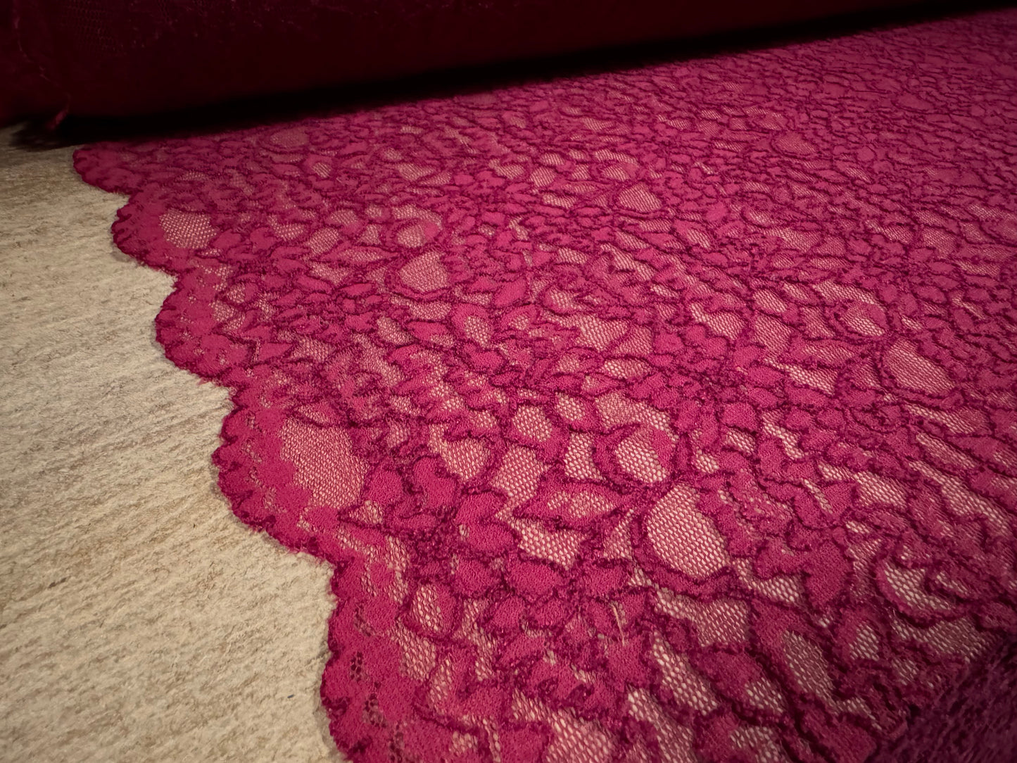 Stretch lace dress fabric, per metre - scalloped selvedge - flower design - Ruby