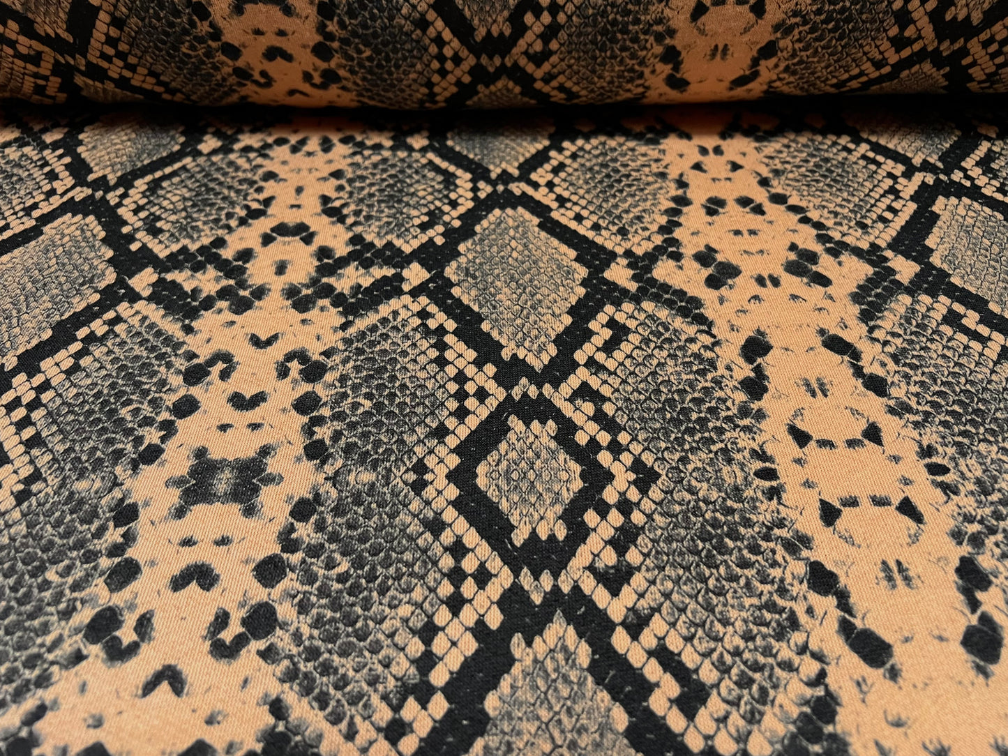 French Terry loopback sweatshirt jersey fabric, per metre - snakeskin print - brown & black