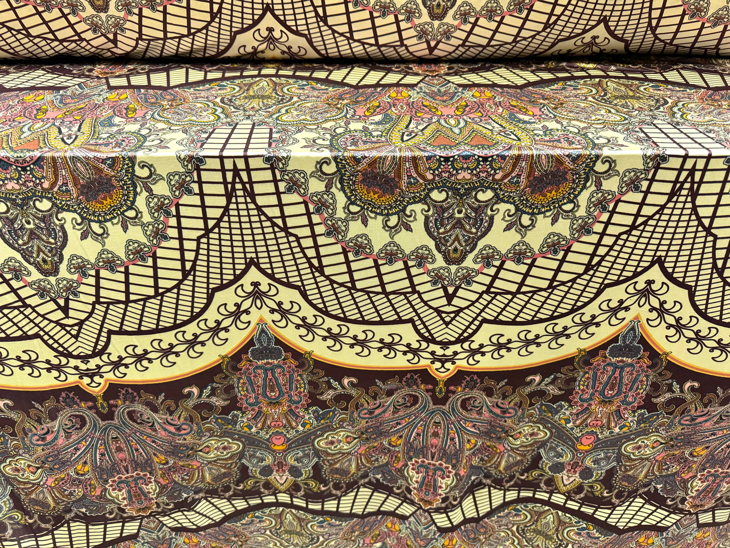 Soft touch stretch spandex single jersey fabric, per metre - scalloped paisley print - purple & pale green