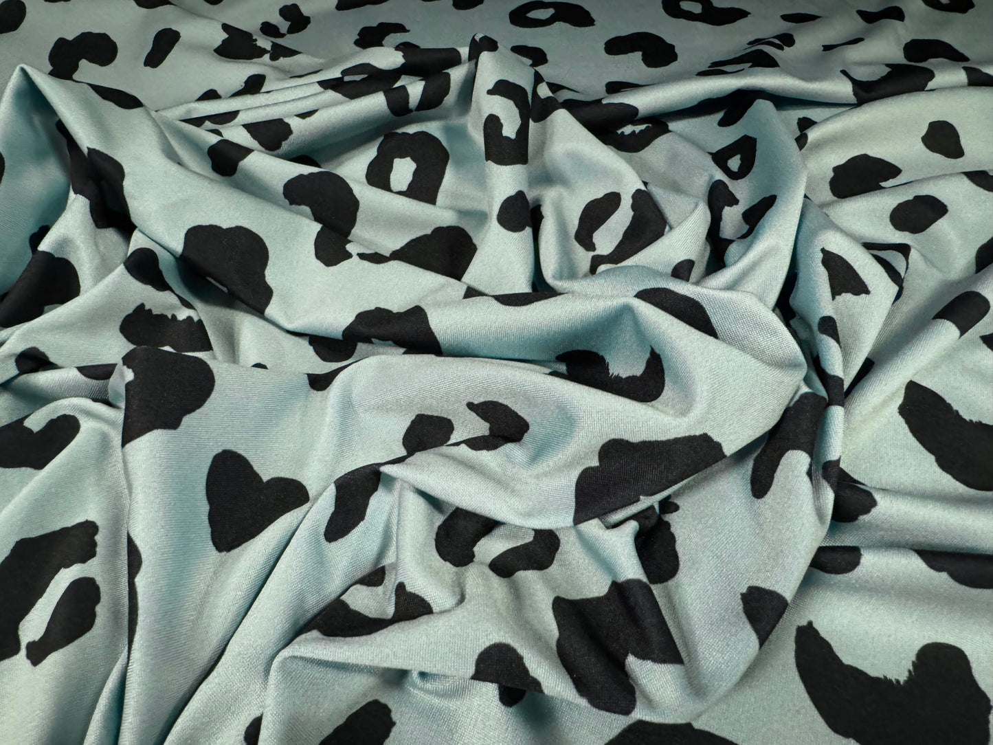 Stretch spandex single jersey fabric, per metre - cheetah animal print - duck egg blue