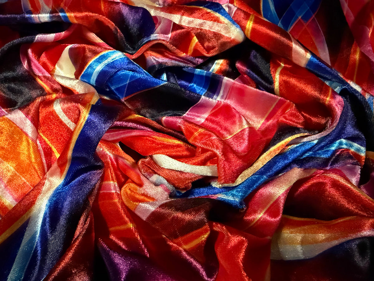 Short pile velour fabric, per metre - wave print - red orange & blue