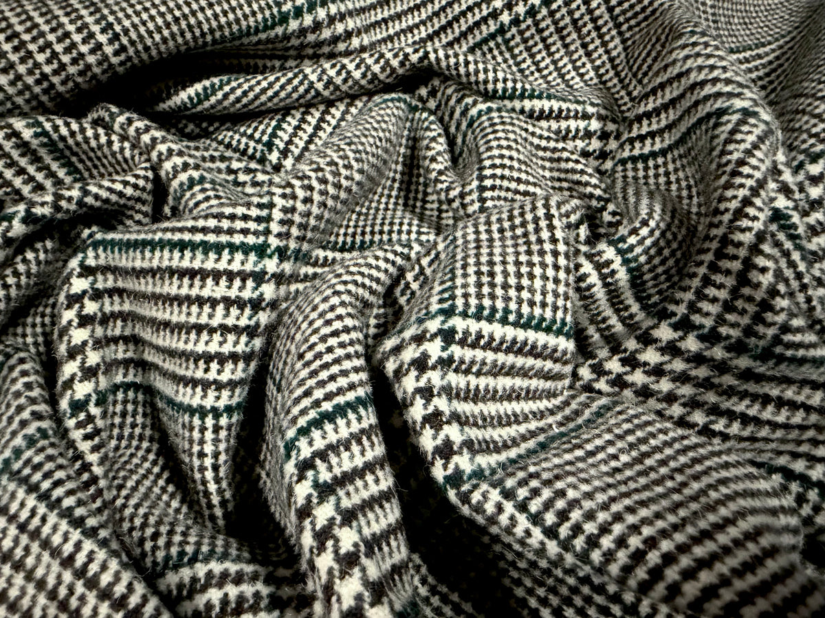 Wool flannel fabric, per metre - Prince Of Wales check - black white & emerald green