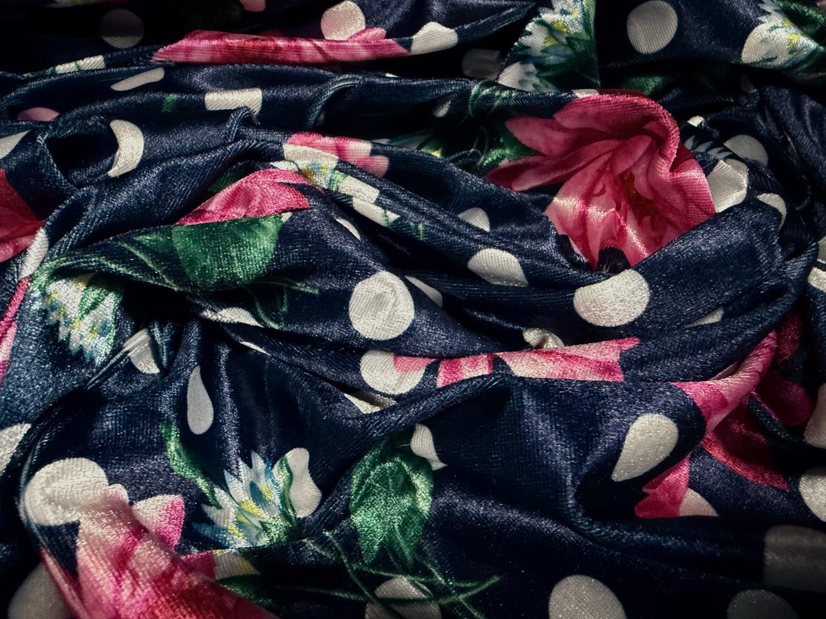 Short pile velour fabric, per metre - polka dot floral print - navy blue