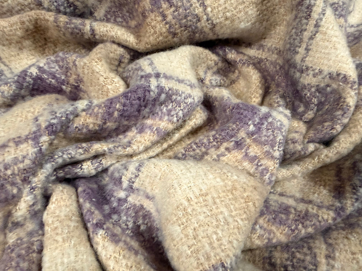 Heavyweight wool bouclé fabric, per metre - check - beige & lavender