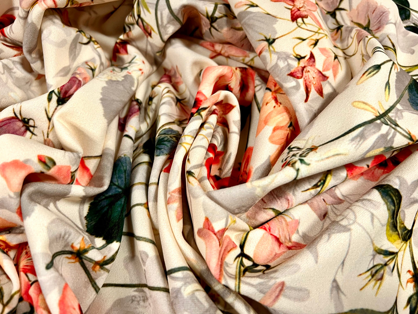 Scuba crepe stretch spandex double jersey fabric, per metre - floral print - cream