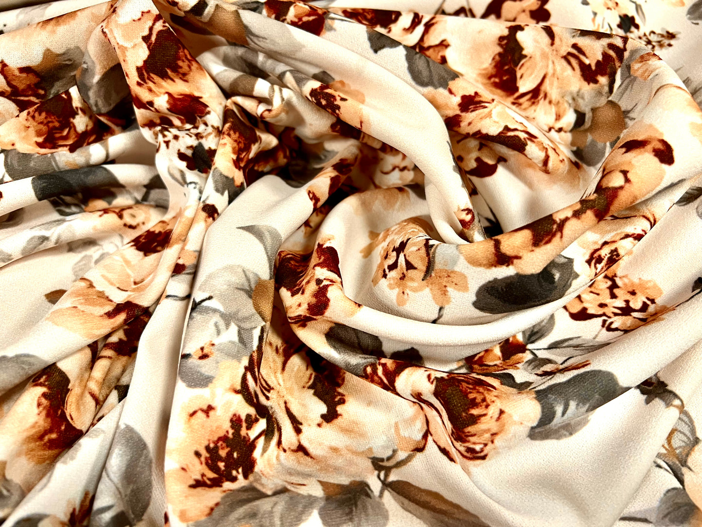 Scuba crepe fabric stretch spandex jersey, per metre - Rose flower print - ivory & Nude