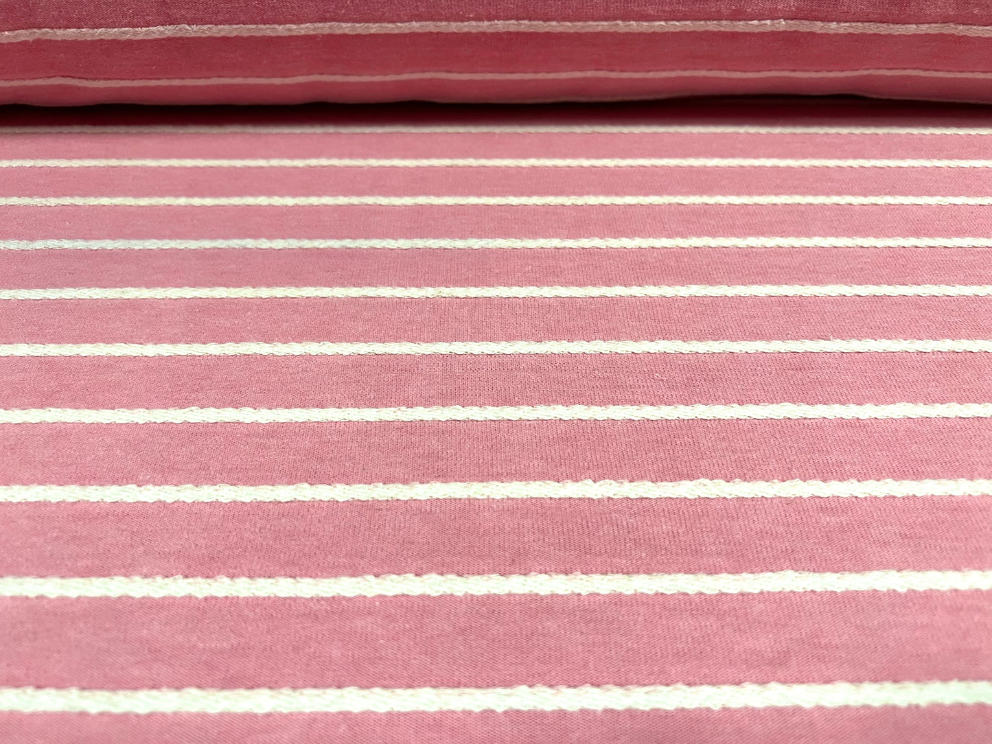 Cotton interlock jersey fabric, per metre - embroidered stripe - pink & white