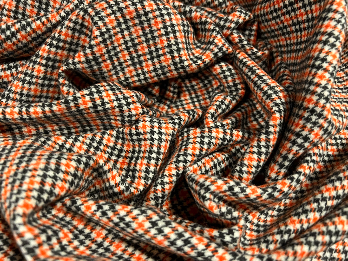 Wool mouflon coat jacket fabric, per metre - country check plaid - orange black & white