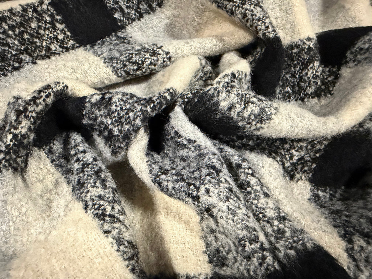 Wool bouclé fabric, per metre - buffalo check - black & cream