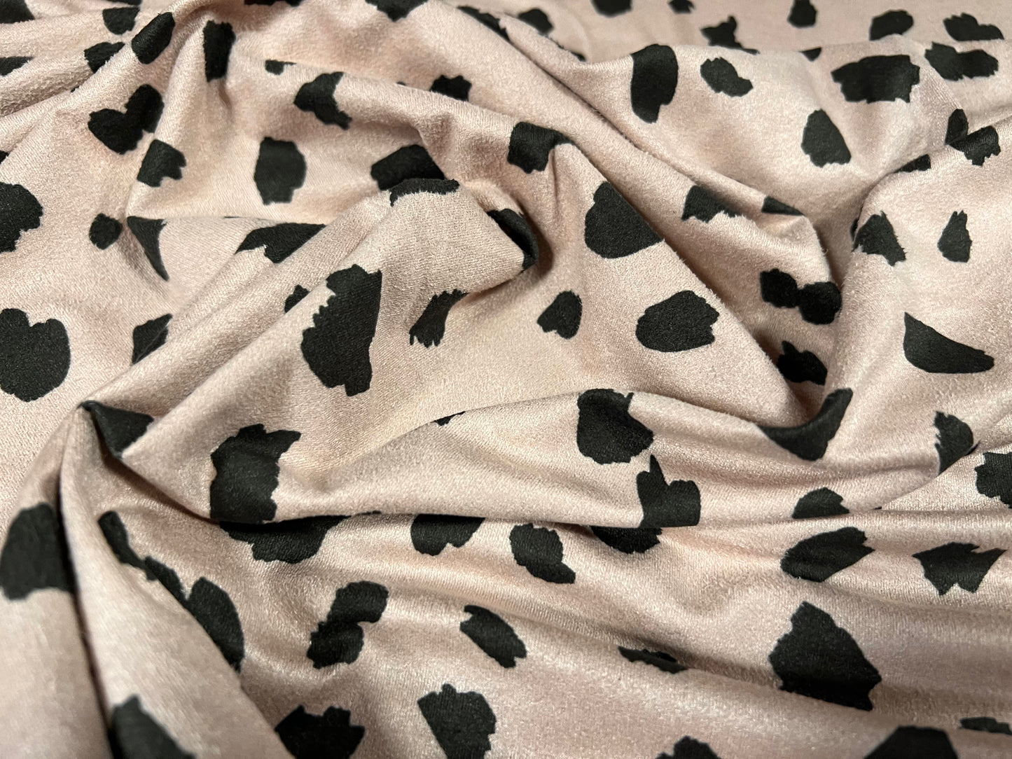 Faux suede stretch spandex jersey fabric, per metre - Dalmatian print - nude & black