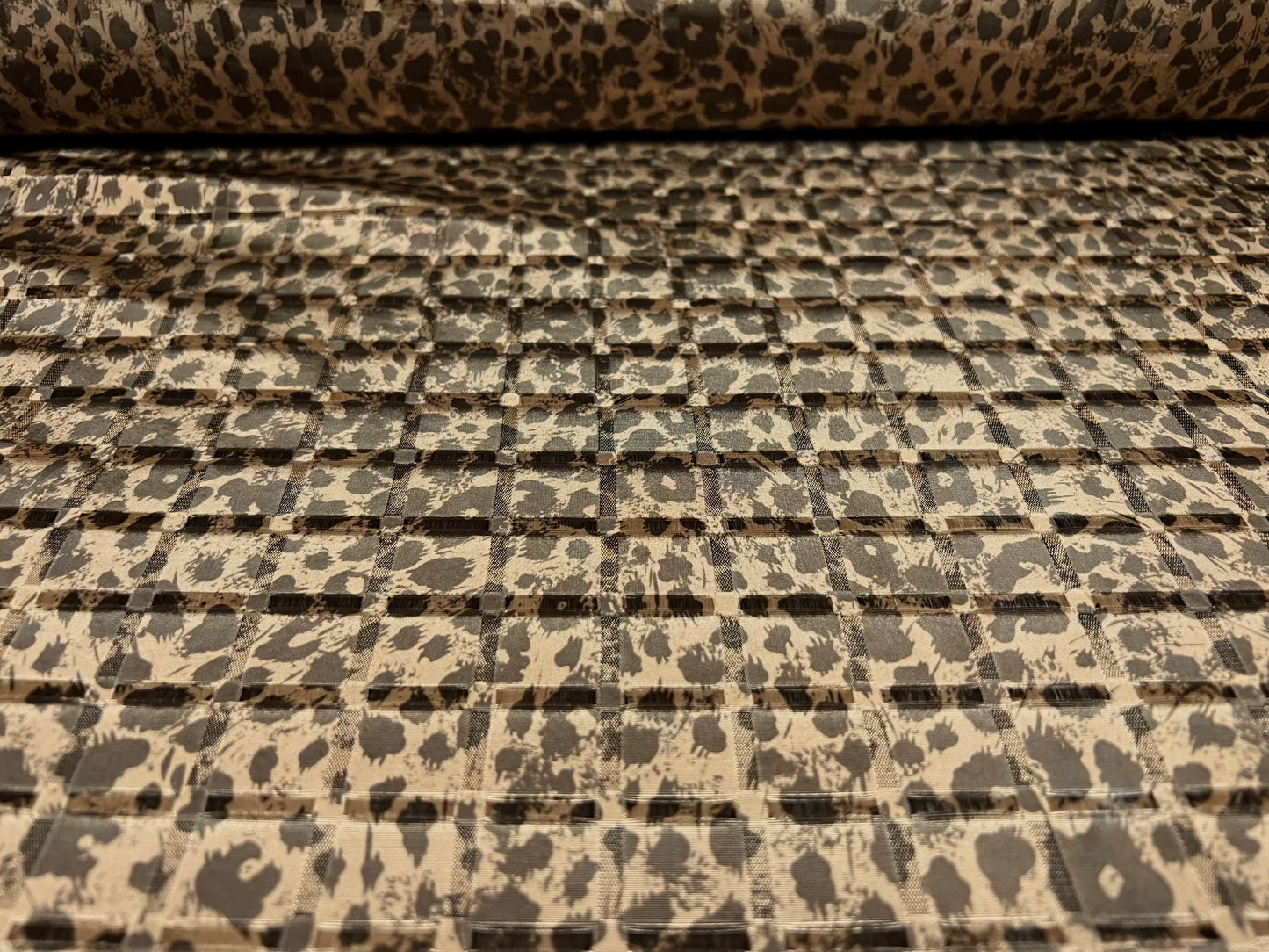 Satin jacquard woven dress fabric, per metre - zebra animal print - leopardskin flower fusion print - desert khaki