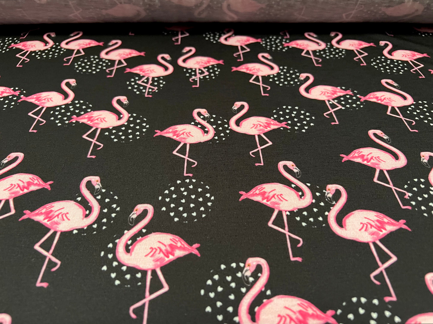 Soft handle single jersey fabric, per metre - flamingo print - black & pink
