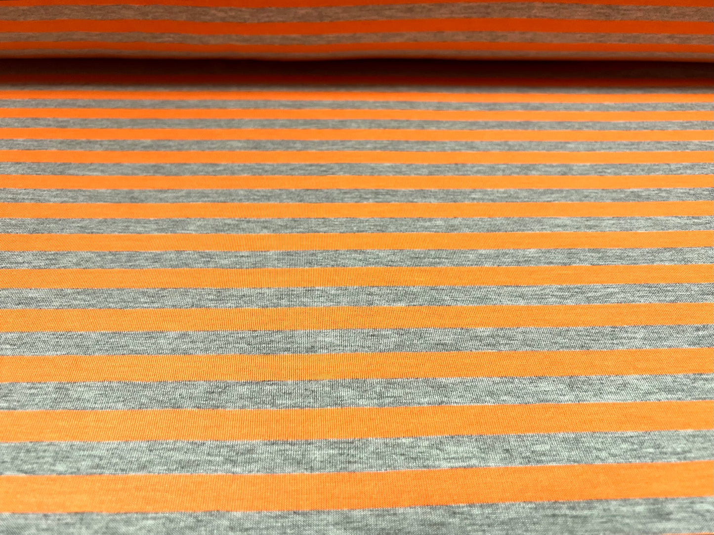 Viscose spandex stretch single jersey fabric, per metre - stripe - bright orange & grey marl