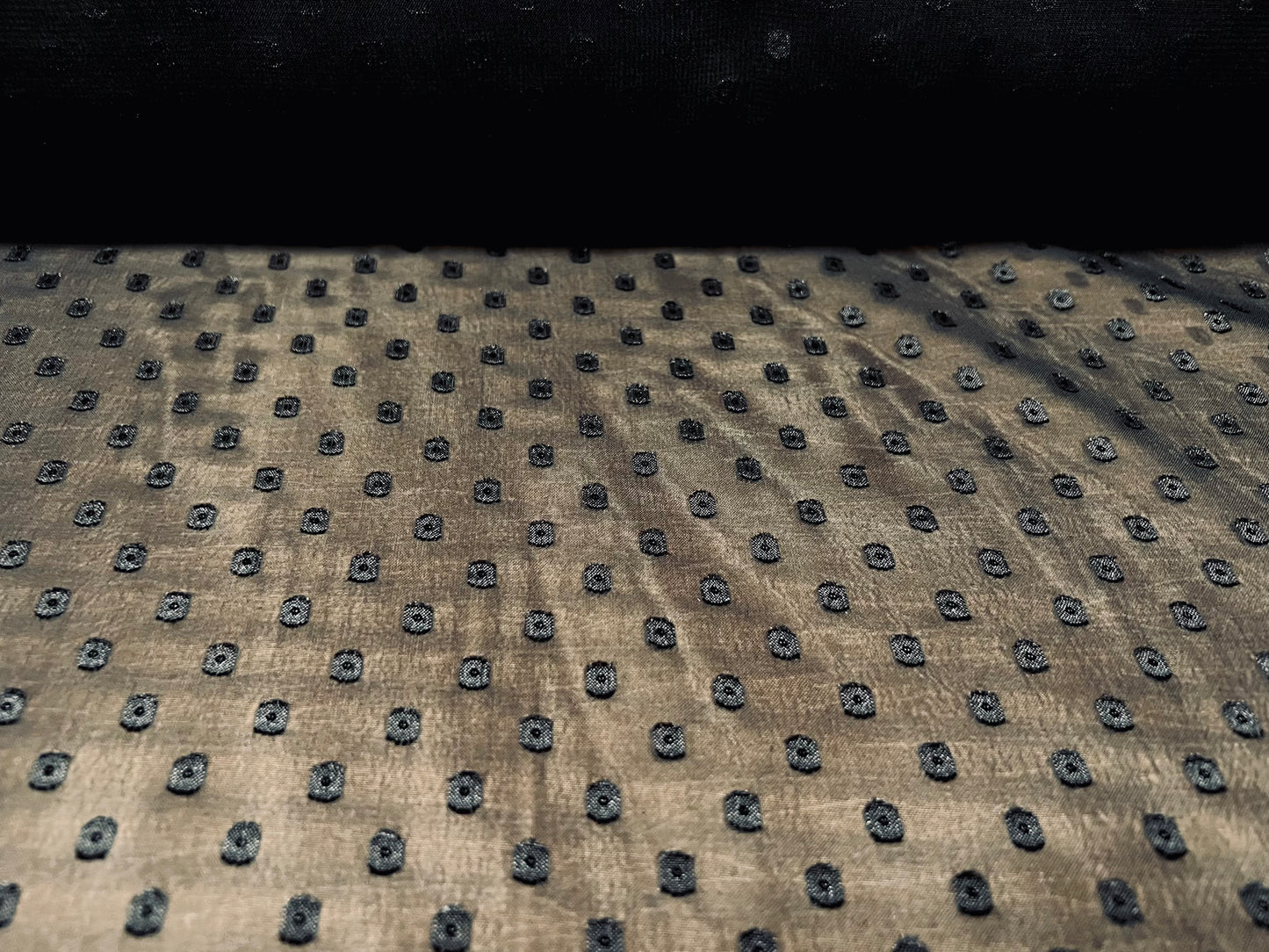 Couture chiffon woven dress fabric with square Dobby Appliqué, per metre - black