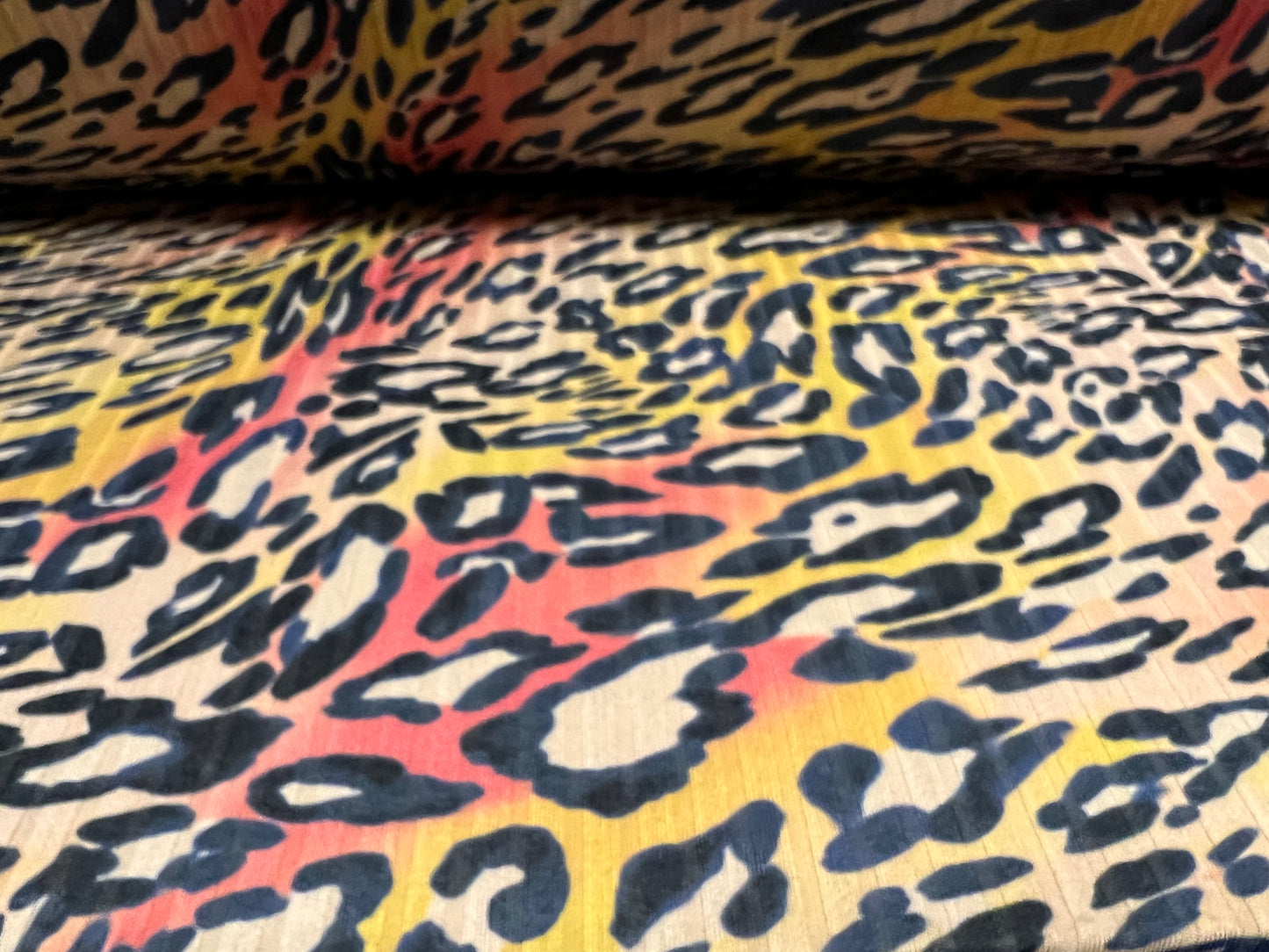 Stretch spandex rib jersey fabric, per metre - leopardskin sunset print - pink nude & yellow
