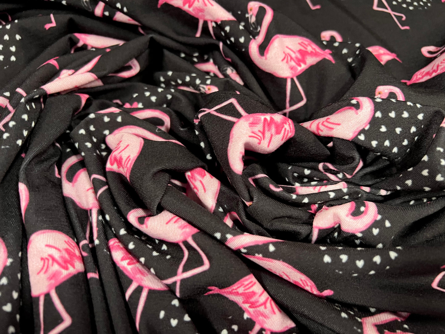Soft handle single jersey fabric, per metre - flamingo print - black & pink