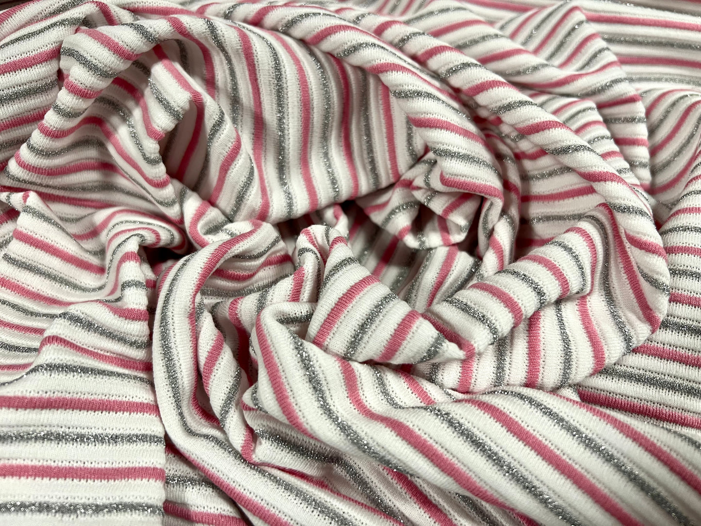 Ottoman rib jersey fabric , per metre - stripe - white and pink with silver metallic